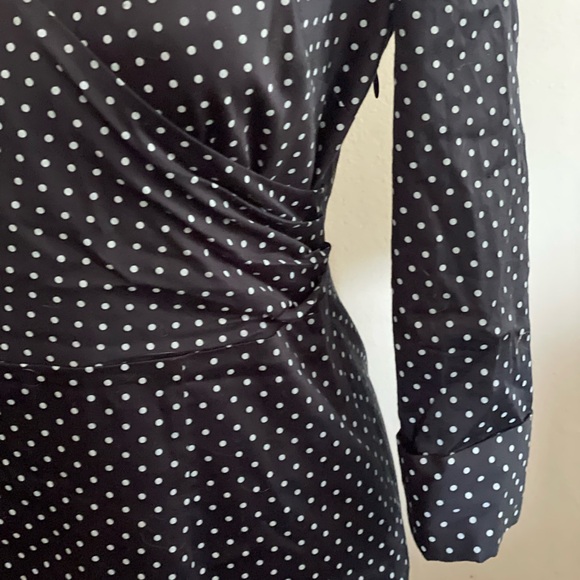 Ann Taylor Petites navy blue gray Polka Dot Faux Wrap Dress quarter sleeve 0P - Picture 6 of 16